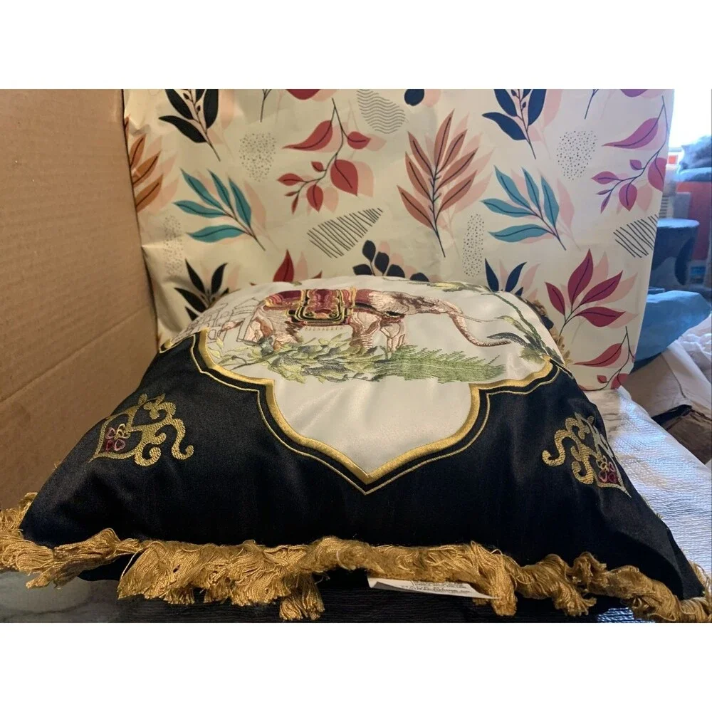 Fringe & Embroidered Elephant India Background Pillow BEAUTIFUL 16x16
